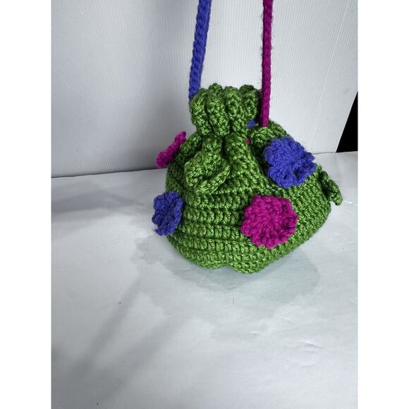 Vintage Handmade Crochet Purse Drawstring With Lining Round Pouch Flower Design - Picture 3 of 16